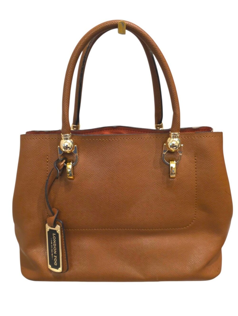 London Fog Cognac Vegan Leather Satchel Tote Bag Gold Hardware Vintage Style